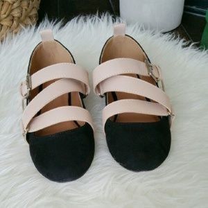 Qupid Strappy Buckle Flats Pink & Black Size 7
